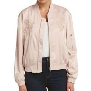 Lunik Blush Pink Embroidered Satin Zip Up Bomber Jacket Size Large